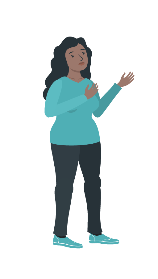 Bild von Amina Kaboré, der neuen Lebensgefährtin von Bernd Hofmann, Ex-Lebensgefährtin von Konstantin Neubauer und Mutter von Noelia. Amina ist halbfrontal stehend dargestellt und hat die Arme fragend gehoben.