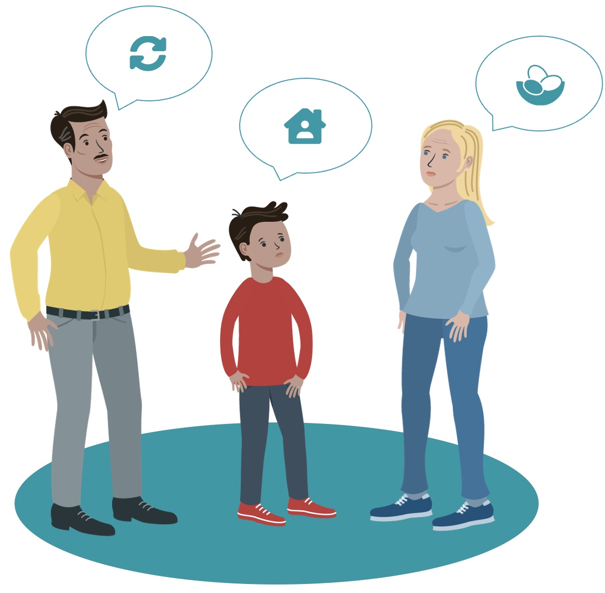 Abgebildet werden zwei Eltern und ihr Kind in der Mitte. Alle drei sprechen von einem anderen Betreuungsmodell. Diese sind durch Symbole abgebildet.