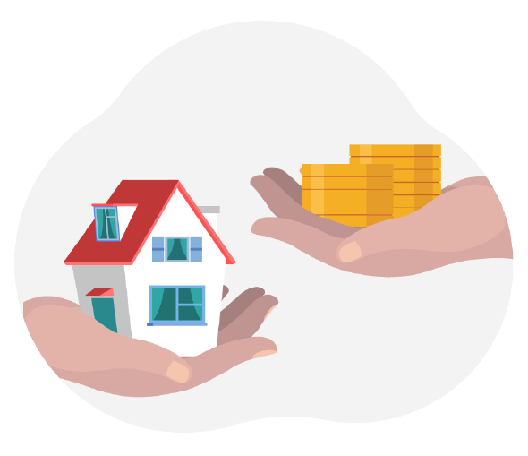 Eine Hand hält Haus, andere Hand Münzstapel