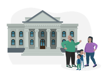 Familie Abadi (Mutter, Vater und zwei Kinder) stehen vor einem Gerichtsgebäude.