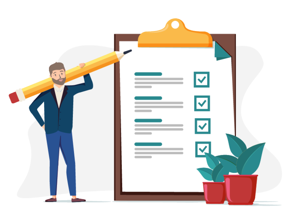 Mann mit Stift steht neben Checkliste