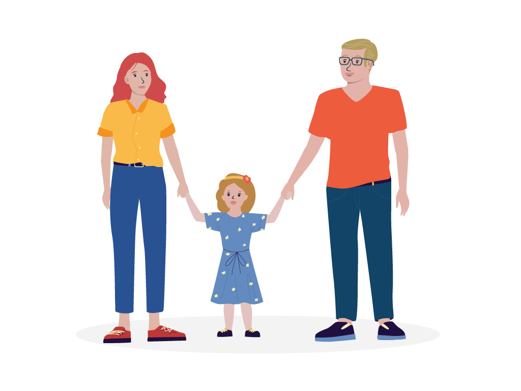 Mutter und Vater halten gemeinsam die sich zwischen ihnen befindende Tochter an der Hand.