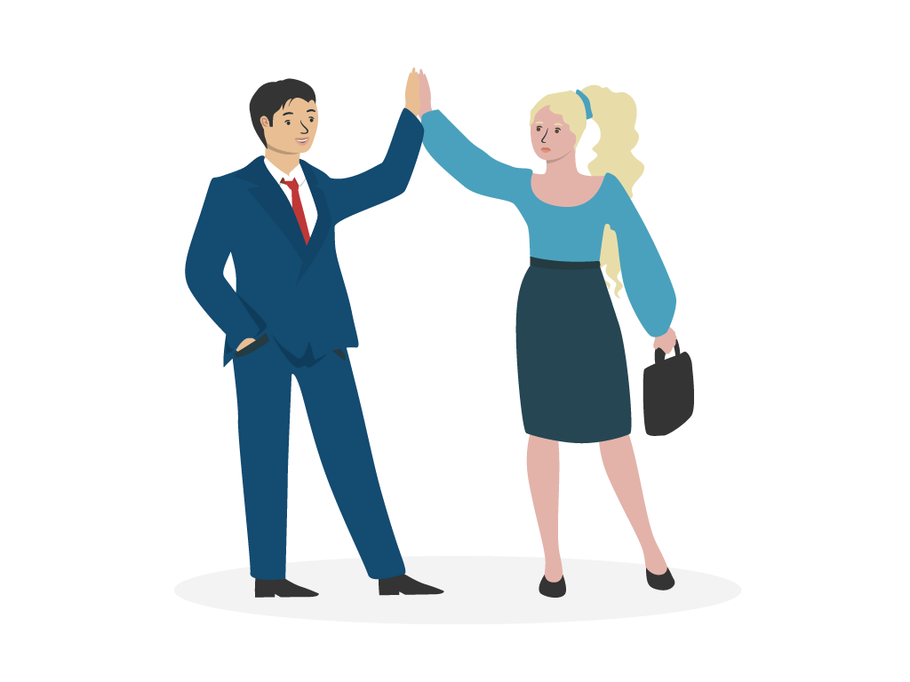 Mann mit Anzug und Frau in Rock und Bluse mit Aktentasche schlagen sich mit einem High Five ein.